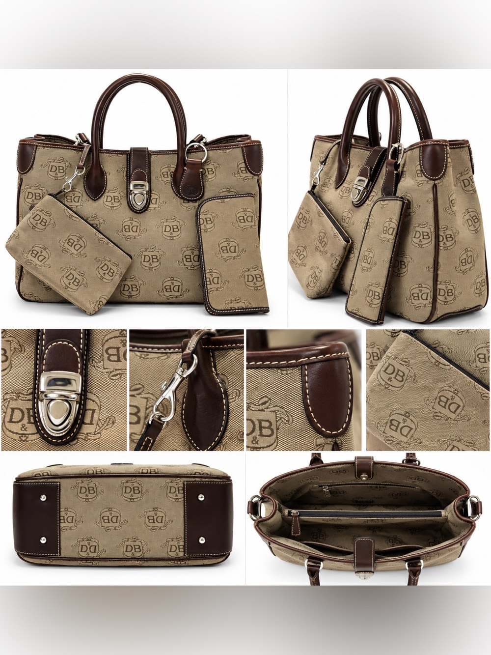 Dooney & Bourke Beige Monogram Tote with Dark Brown Leather Trim - Picture 2 of 9
